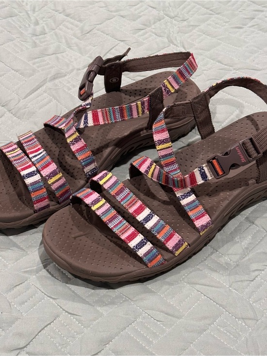 Skechers Shoes - Skechers Women’s Multicolor Striped Strap Sandals with Brown Footbed